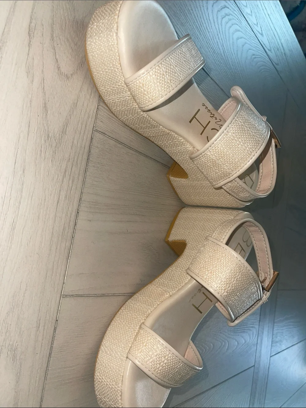 Matisse Cream Woven Platform Sandals with Gold Buckle